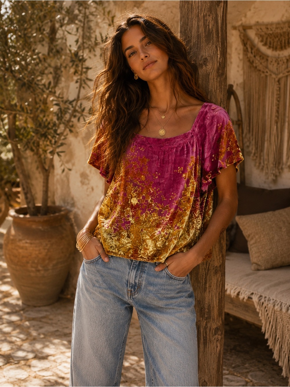 Anthropologie Maeve Ombre Shimmer Bohemian Velvet Top Blouse- Pink and Gold XS